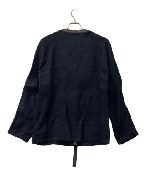 ISAMU KATAYAMA BACKLASH（イサムカタヤマ・バックラッシュ）ISAMU KATAYAMA BACKLASH (イサムカタヤマ・バックラッシュ) カウレザー 切替 リネン ノーカラージャケット ブラック サイズ:Lの古着・服飾アイテム