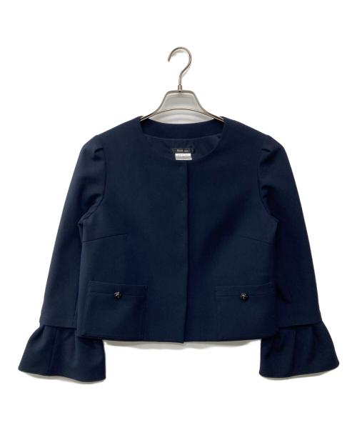 Rene（ルネ）Rene (ルネ) カメリアボタンノーカラー袖フリルジャケット ネイビー サイズ:38の古着・服飾アイテム