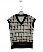 BALLSEYボールジィ）の古着「ヘアリープラッドエンブロイダリーコンビ Vネックベスト/11-01-44-01034」｜ブラック×ブラウン