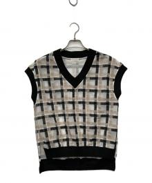 BALLSEY（ボールジィ）の古着「ヘアリープラッドエンブロイダリーコンビ Vネックベスト/11-01-44-01034」｜ブラック×ブラウン