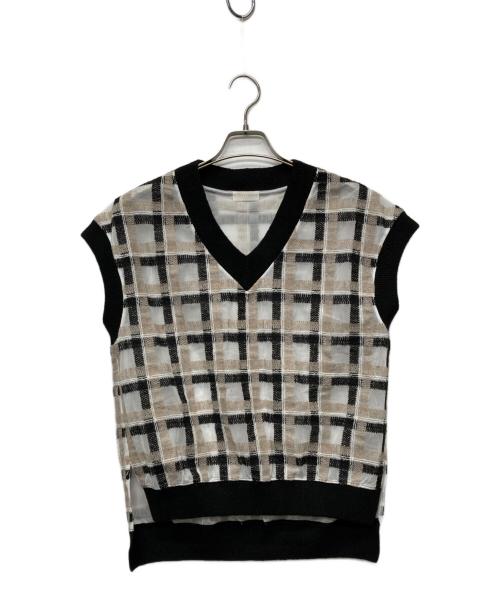 BALLSEY（ボールジィ）BALLSEY (ボールジィ) ヘアリープラッドエンブロイダリーコンビ Vネックベスト/11-01-44-01034 ブラック×ブラウン サイズ:36の古着・服飾アイテム