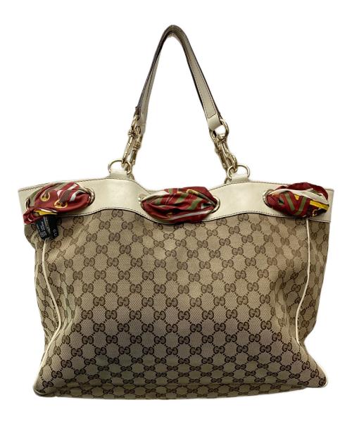 GUCCI（グッチ）GUCCI (グッチ) GGキャンバススカーフ付トートバッグ/153033 ホワイト×ブラウンの古着・服飾アイテム