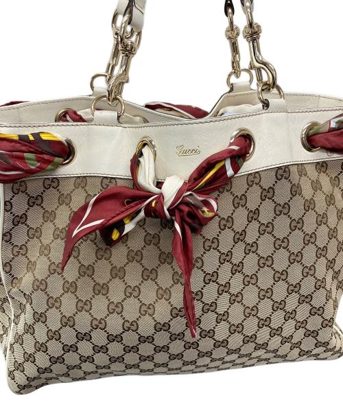 GUCCI（グッチ）GUCCI (グッチ) GGキャンバススカーフ付トートバッグ/153033 ホワイト×ブラウンの古着・服飾アイテム