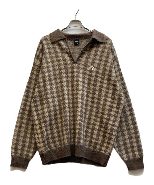 HUF（ハフ）HUF (ハフ) ONE STAR HOUNDSTOOTH POLO SWEATER ブラウン×ベージュ サイズ:XLの古着・服飾アイテム