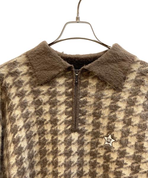 HUF（ハフ）HUF (ハフ) ONE STAR HOUNDSTOOTH POLO SWEATER ブラウン×ベージュ サイズ:XLの古着・服飾アイテム