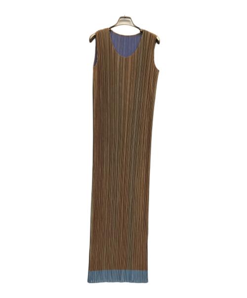 PLEATS PLEASE（プリーツプリーズ）PLEATS PLEASE (プリーツプリーズ) プリーツノースリーブワンピース ブラウン×ブルー サイズ:3の古着・服飾アイテム