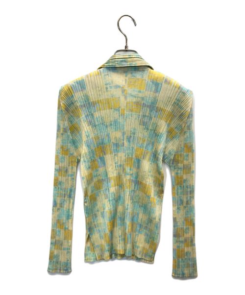 PLEATS PLEASE（プリーツプリーズ）PLEATS PLEASE (プリーツプリーズ) 総柄プリーツシャツカーディガン イエロー×ブルー サイズ:3の古着・服飾アイテム