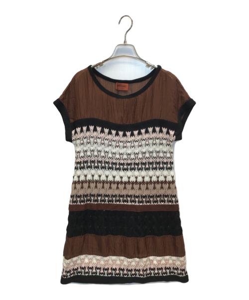 missoni（ミッソーニ）MISSONI (ミッソーニ) 半袖総柄ニットワンピース ブラウン サイズ:-の古着・服飾アイテム