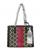 Kate Spadeケイトスペード）の古着「フラワージャカードストライプマーケットミディアムトート」｜ブラック×ピンク