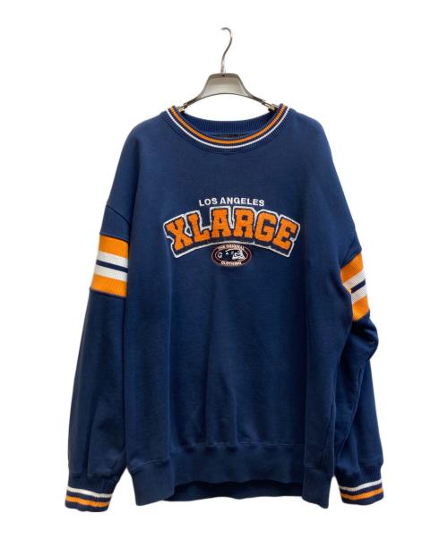 X-LARGE（エクストララージ）X-LARGE (エクストララージ) STRIPED SLEEVE TEAM LOGO CREWNECK SWEAT ネイビー サイズ:Lの古着・服飾アイテム
