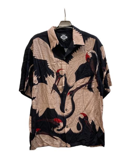 Gakkin（ガッキン）Gakkin (ガッキン) BUDSPOOL (バッズプール) 赤目鶴 HAWAIIANSHIRT ブラック×ピンク サイズ:Lの古着・服飾アイテム