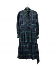 LAUREN RALPH LAUREN（ローレンラルフローレン）の古着「フリルチェックワンピース」｜グリーン×ネイビー