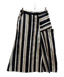 Y's（ワイズ）の古着「変形ストライプ柄ドローストリングロングスカート/YW-S06-019」｜アイボリー×ブラック