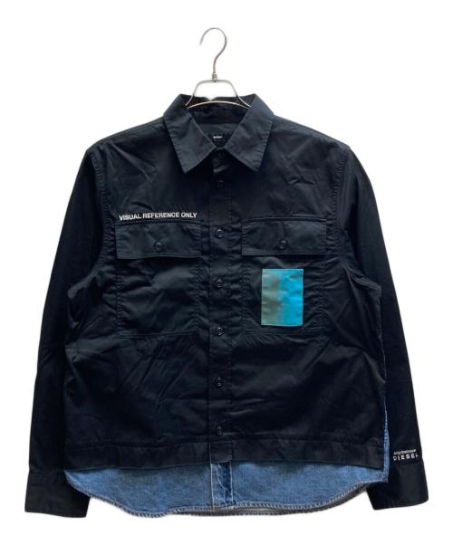 DIESEL（ディーゼル）DIESEL (ディーゼル) パッチワークデザイン切替シャツ ブラック サイズ:Lの古着・服飾アイテム