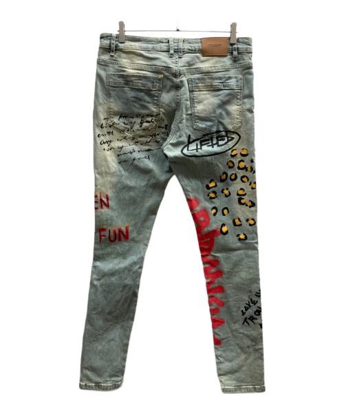 LIFTED ANCHORS（リフテッドアンカーズ）LIFTED ANCHORS (リフテッドアンカーズ) グラフィックペイントデニムパンツ インディゴ サイズ:34の古着・服飾アイテム