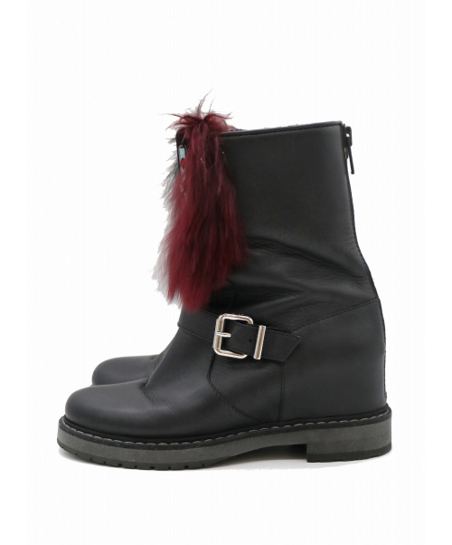 FENDI（フェンディ）FENDI (フェンディ) FFロゴ&ファーデザインエンジニアブーツ ブラック サイズ:38表記の古着・服飾アイテム