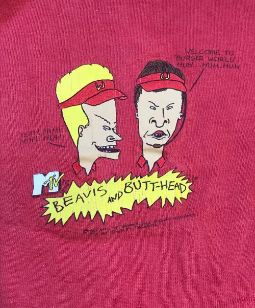 アニメーションTシャツ（アニメーションTシャツ）アニメーションTシャツ (アニメーションTシャツ) 90s BEAVIS AND BUTT-HEAD(ビーバス・アンド・バットヘッド) プリントTシャツ レッド サイズ:LARGEの古着・服飾アイテム