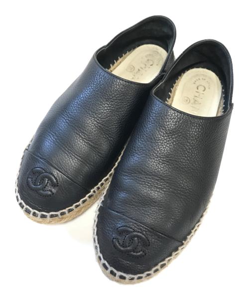 CHANEL（シャネル）CHANEL (シャネル) レザーエスパドリーユスリッポン ブラック サイズ:SIZE36の古着・服飾アイテム
