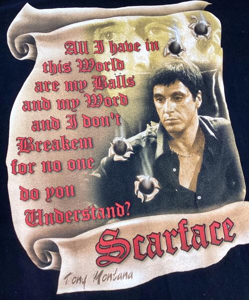ムービーTシャツ（ムービーTシャツ）ムービーTシャツ (ムービーTシャツ) SCARFACE(スカーフェイス) プリントTシャツ ブラック サイズ:2XLの古着・服飾アイテム