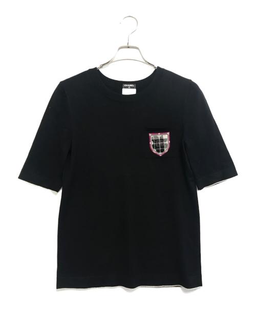 CHANEL（シャネル）CHANEL (シャネル) ポケットロゴ半袖ニットカットソー ブラック サイズ:36の古着・服飾アイテム