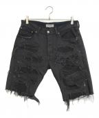 INNOCENCE NYイノセンス ニューヨーク）の古着「デストロイクラッシュデニムハーフパンツ」｜ブラック