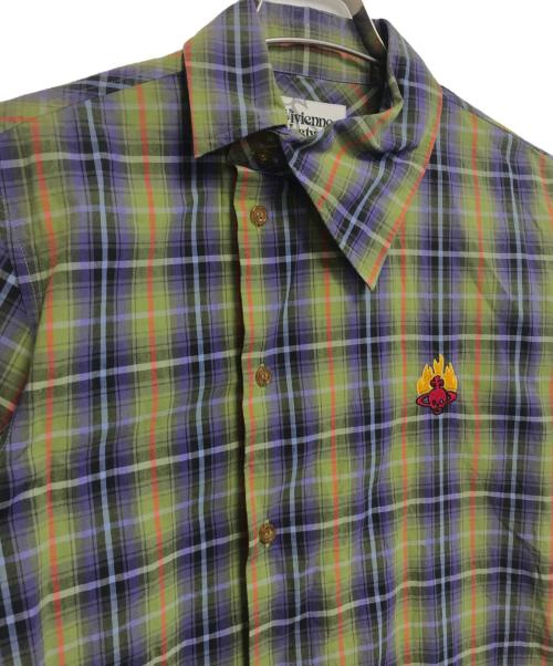 Vivienne Westwood man（ヴィヴィアン ウェストウッド マン）Vivienne Westwood man (ヴィヴィアン ウェストウッド マン) スカルオーブアシメ半袖シャツ グリーン×パープル サイズ:46の古着・服飾アイテム