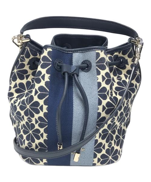 Kate Spade（ケイトスペード）Kate Spade (ケイトスペード) スペードフラワージャカードストライプミディアムバケットバッグ ネイビー サイズ:表記なしの古着・服飾アイテム