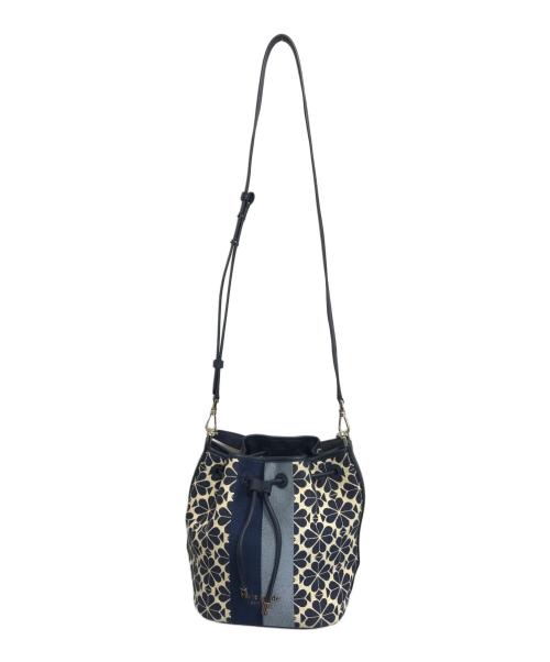 Kate Spade（ケイトスペード）Kate Spade (ケイトスペード) スペードフラワージャカードストライプミディアムバケットバッグ ネイビー サイズ:表記なしの古着・服飾アイテム
