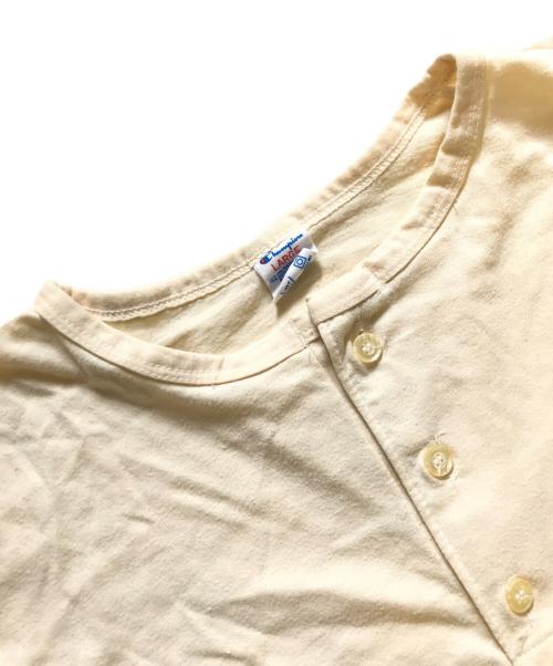 Champion（チャンピオン）Champion (チャンピオン) 染込みプリントヘンリーネックカットソー イエロー サイズ:Lの古着・服飾アイテム