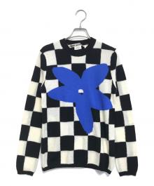 COMME des GARCONS（コムデギャルソン）の古着「フラワー刺繍チェックニット」｜ブラック