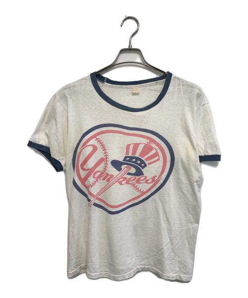 VINTAGE（）VINTAGE (ヴィンテージ) 染み込みプリントリンガーTシャツ ホワイト×ブルー サイズ:表記なしの古着・服飾アイテム