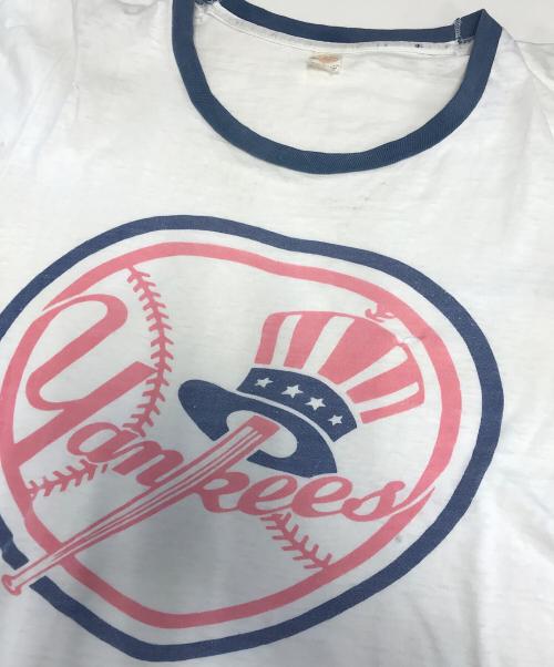 VINTAGE（）VINTAGE (ヴィンテージ) 染み込みプリントリンガーTシャツ ホワイト×ブルー サイズ:表記なしの古着・服飾アイテム