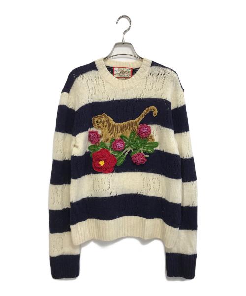 GUCCI（グッチ）GUCCI (グッチ) TIGER EMBROIDERY KNIT ネイビー×ホワイト サイズ:XSの古着・服飾アイテム