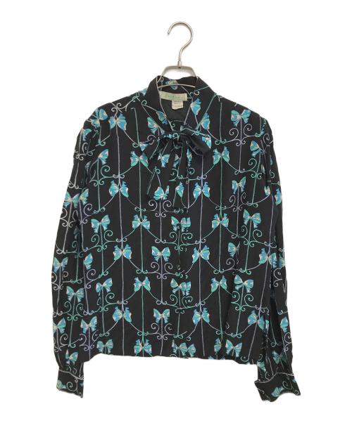 Emilio Pucci（エミリオ プッチ）Emilio Pucci (エミリオ プッチ) シルクボウタイシャツブラウス ブラック×ブルー サイズ:表記なしの古着・服飾アイテム