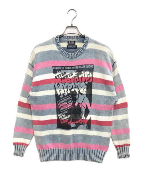 Hysteric Glamour（ヒステリックグラマー）Hysteric Glamour (ヒステリックグラマー) original Blues (オリジナルブルース) YOUNG AND HUNGRY ニット インディゴ×ピンク サイズ:Freeの古着・服飾アイテム