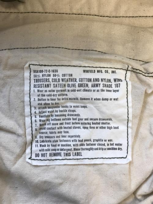 US ARMY（ユーエスアーミー）US ARMY (ユーエスアーミー) M-65 COLD WEATHER FIELD TROUSERS グリーン サイズ:S-Rの古着・服飾アイテム
