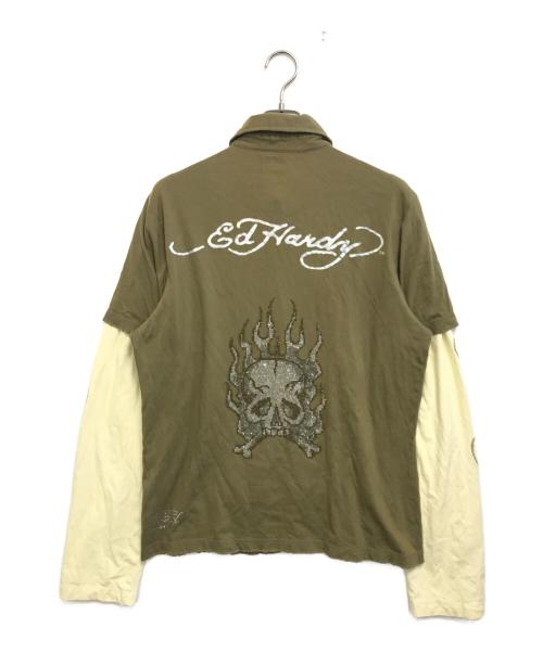 Ed Hardy（エド ハーディー）Ed Hardy (エド ハーディー) ライトストーンレイヤードカットソー カーキ サイズ:Lの古着・服飾アイテム