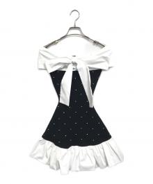 darich（ダーリッチ）の古着「パールビジューオフショルフリルニットミニワンピース」｜ブラック