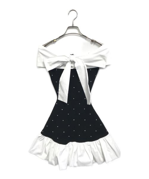 darich（ダーリッチ）darich (ダーリッチ) パールビジューオフショルフリルニットミニワンピース ブラック サイズ:Free-Lの古着・服飾アイテム