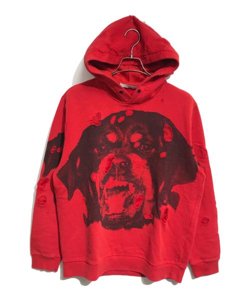 GIVENCHY（ジバンシィ）GIVENCHY (ジバンシィ) ロットワイラー ダメージ パーカー レッド サイズ:Lの古着・服飾アイテム