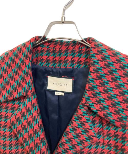 GUCCI（グッチ）GUCCI (グッチ) ハウンドトゥースウールコート グリーン×レッド サイズ:40の古着・服飾アイテム