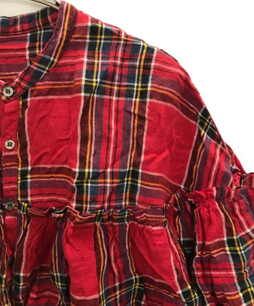 universal tissu（ユニバーサルティシュ）universal tissu (ユニバーサルティシュ) 東炊き リネン タータンチェック バンドカラー ブラウス レッド サイズ:表記無しの古着・服飾アイテム