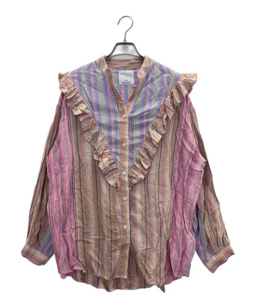 GENE HEAVENS（ジーンヘブンズ）GENE HEAVENS (ジーンヘブンズ) マルチカラーストライプ パネルフリルシャツ ピンク サイズ:FREEの古着・服飾アイテム