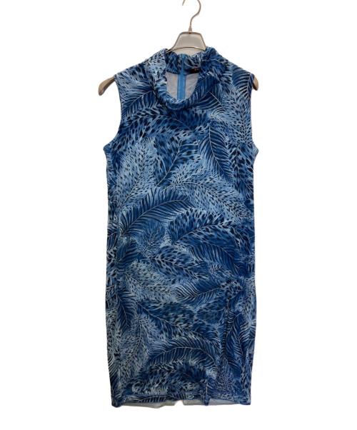 LEONARD（レオナール）LEONARD (レオナール) 羽根プリントドレープネックノースルーブワンピース ブルー サイズ:SIZE LLの古着・服飾アイテム