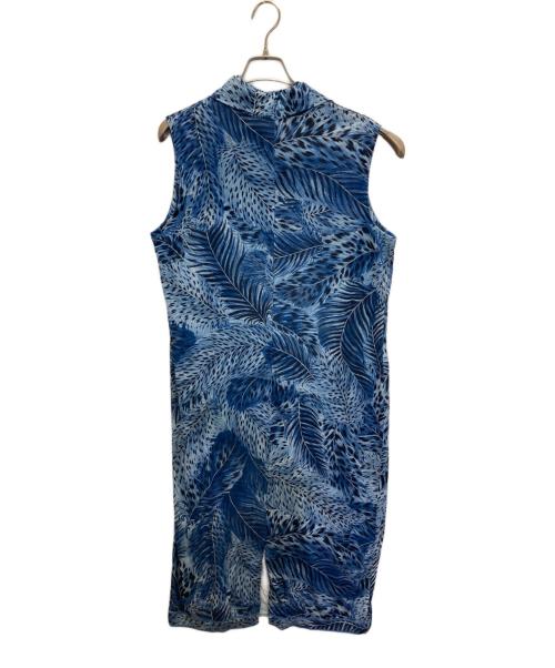 LEONARD（レオナール）LEONARD (レオナール) 羽根プリントドレープネックノースルーブワンピース ブルー サイズ:SIZE LLの古着・服飾アイテム