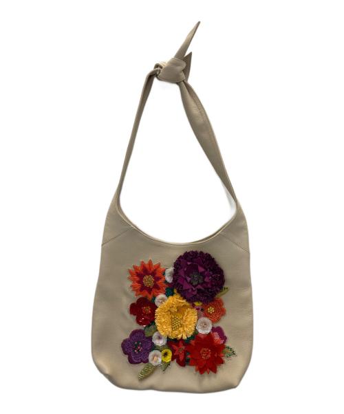 JAMIN PUECH（ジャマンピュエッシュ）JAMIN PUECH (ジャマンピュエッシュ) フラワーモチーフ刺繍レザーバッグ ベージュの古着・服飾アイテム