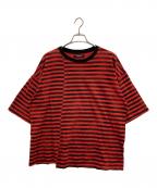 MINEDENIMマインデニム）の古着「Hazy Border Uneven Loose T-SH」｜レッド