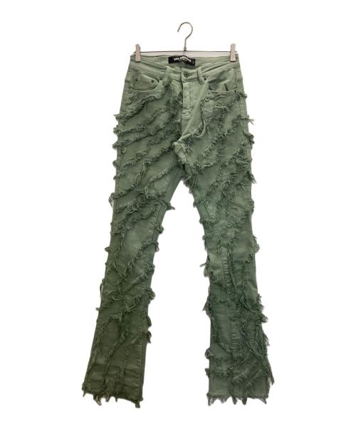 VALABASAS（バラバサス）VALABASAS (バラバサス) ハードクラッシュ フリンジスキニーフレア グリーン サイズ:73.5ｃｍ（ｗ29）の古着・服飾アイテム