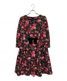 M'S GRACY（エムズグレイシー）の古着「ベルベットリボン フラワープリント柄ワンピース」｜ブラック