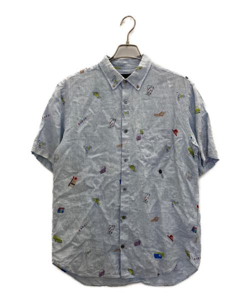 PAPAS PLUS（パパスプラス）PAPAS PLUS (パパスプラス) s/s linen shirts ブルー サイズ:Lの古着・服飾アイテム